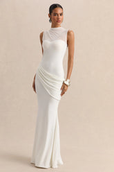 Lyssy White High Neck Maxi Dress With Mesh Detail