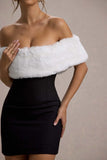 Little Luxe Black Bardot Mini Dress With White Fur Trim