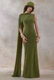Isdelia Green Asymmetric Neck Maxi Dress With Cape Sleeve