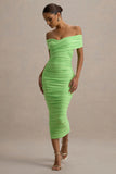 Unwrapped Light Green Ruched Twist Bardot Midi Dress