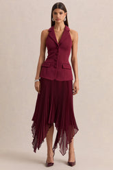 Marvelle Burgundy Plunge Neck Maxi Dress With Hanky Hem