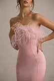 One And Only Light Pink Satin Feather Trim Bandeau Midi Dress
