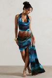 Bali Blue Blur Print Satin Cowl Neck Draped Midi Dress
