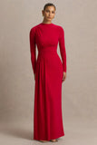 Virelle Red Boat Neck Maxi Dress With Wrap Detail And Sash