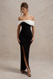 Eva Black White Bardot Bow Detail Maxi Dress With Thigh Split