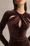 Francine Brown Velvet Round Neck Midi Dress With Cut Out Details