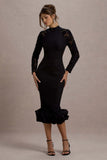 Chandra Black Mesh Long Sleeve Midi Dress With Ruffle Hem