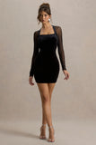 Off Piste Black Velvet Bodycon Mini Dress With Sheer Sleeves
