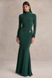 Solarium Dark Green Long Sleeve Maxi Dress With Gold Detail