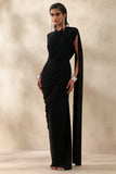 Gisara Black High Neck Maxi Dress With Sash And Draped Detailing