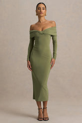 Spark Olive Bardot Neck Midi Dress With Bow Detail