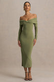 Spark Olive Bardot Neck Midi Dress With Bow Detail