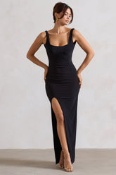 Kate Black Square Neck Maxi Dress with Plunge Back and Side Thigh Split