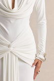 Palerma White Draped Cowl Neck Maxi Dress With Gathered Detailing
