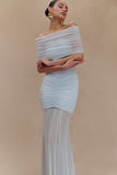 Caspian Slinky And Mesh Off Shoulder Maxi Dress Pale Blue