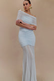 Caspian Slinky And Mesh Off Shoulder Maxi Dress Pale Blue