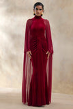 Adoring Burgundy Velvet High Neck Maxi Dress With Cape