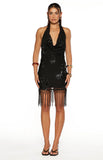Rhani Black Sequin Tassel Cowl Mini Dress