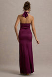 Sansa Burgundy Satin Cross Halter Neck Plisse Maxi Dress
