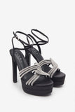 Doll Drama Black Satin Diamante Strappy Platform Heels