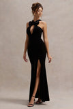 Mystery Black Velvet Plunge Halter Neck Split Maxi Dress With Bow