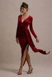 Arcadia Berry Velvet Plunge Neck Wrap Midi Dress