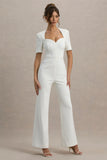 Simone White Sweetheart Short Sleeve Wide Leg Jumpsuit