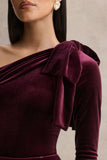 Vespera Burgundy Velvet Asymmetric Neck Midi Dress With Bow Detail