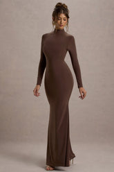 Tova Chocolate High Neck Long Sleeve Maxi Dress