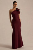 Josephine Burgundy Matte Satin Asymmetric Neck Maxi Dress With Bow Detail