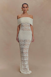 Solstice Off Shoulder Crochet Knit Maxi Dress Ivory