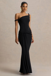 Tulisa Black Asymmetric Neck Maxi Dress With Twist Sleeves And Ruched Detailing