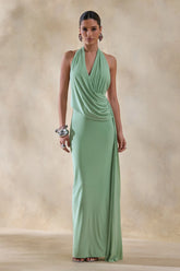 Rosina Sage Halter Neck Draped Maxi Dress With Sash