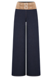 Miranda Faux Suede Belted Denim Wide Leg Jeans Indigo Blue