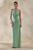 Rosina Sage Halter Neck Draped Maxi Dress With Sash