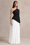 Danila Black And White Asymmetric Neck Maxi Dress With Drop Waist