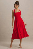 Auburn Red Halter Skater Midi Dress