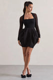 Alto Black Square Neck Mini Dress With Puff Skirt