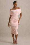 Rayleigh Pink Bardot Ruched Midi Dress