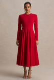 Bellamy Red Crew Neck Long Sleeve Midi Dress