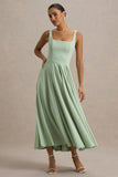 Parina Light Green Strappy Volume Hem Midi Dress