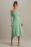 Flatter Me Light Green Bardot Midi Dress With Mesh Sleeves