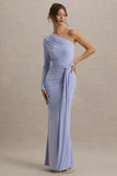 Sanya Pale Blue Asymmetric One Sleeve Wrap Maxi Dress with Drape
