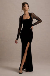 Apres Black Velvet Bodycon Split Maxi Dress With Sheer Sleeves