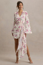 Goldie Cream Floral Print Chiffon Long Sleeve Wrap Mini Dress