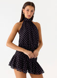 Willow Chiffon Mini Dress Black Polkadot