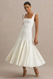 Magnolia White Scoop Neck Midi Dress With Drop Waist And Ruffling Detail