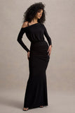 Deanna Black Asymmetric Long Sleeve Ruched Maxi Dress