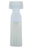 Caspian Slinky And Mesh Off Shoulder Maxi Dress Pale Blue