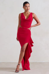 La Belle Red Ruffle Maxi Skirt With Thigh Split